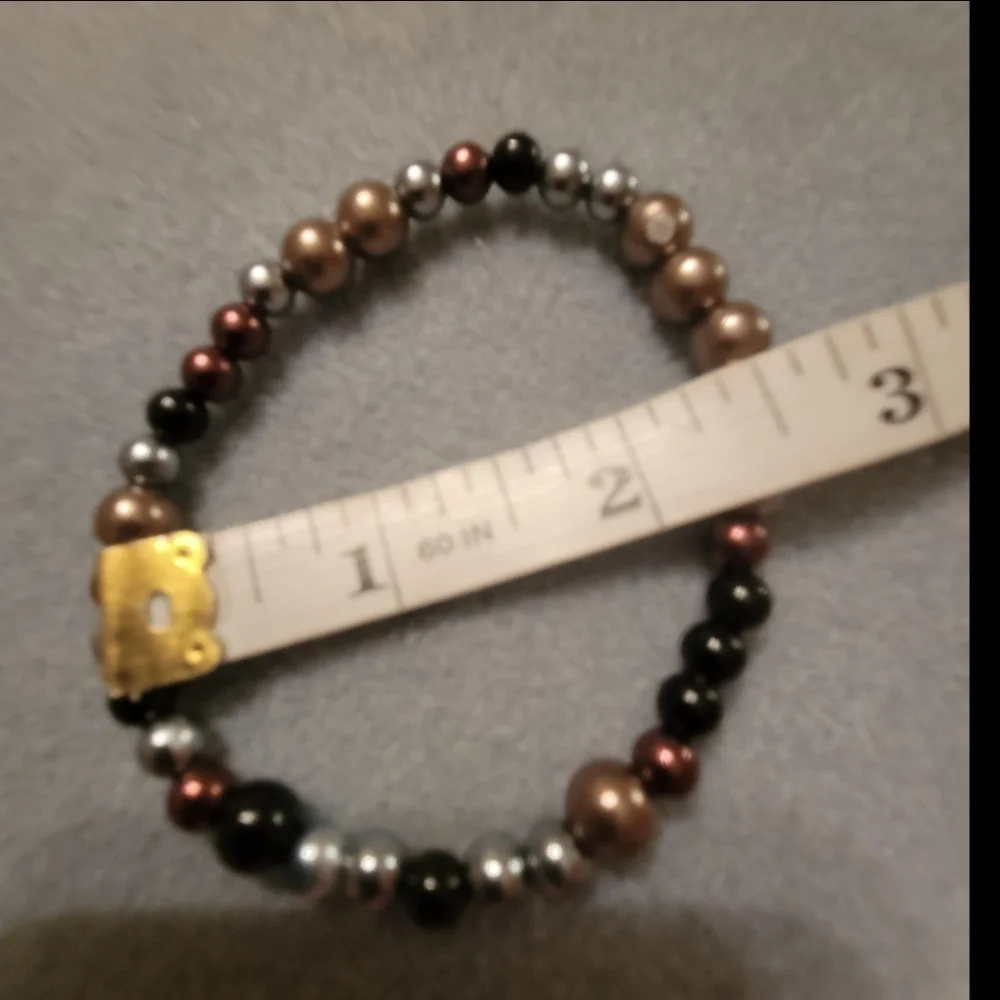 Hand Crafted Men's Black, Brown, Silver, and Copper Stretch Bracelet - Picture 2 of 8